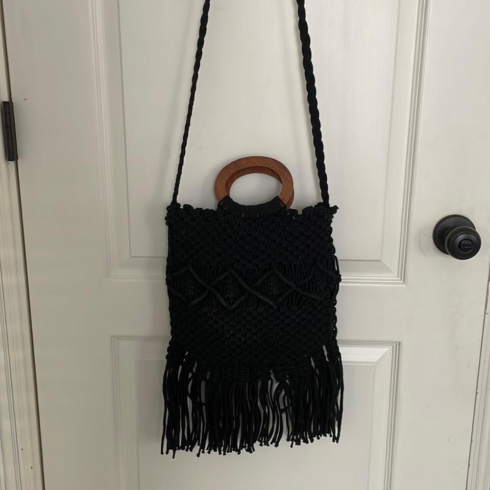 Danielle Nicole Black Macram Fringe Crochet Bag - image 1